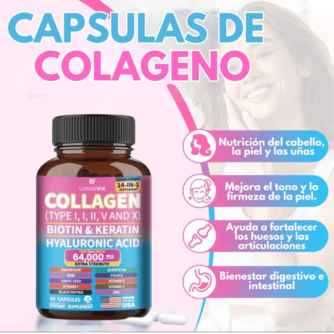 Colágeno Longevix-Colágeno 14 en 1- Cabello Fuerte y Uñas Perfectas en 1 Semana