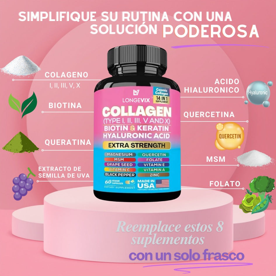 Colágeno Longevix-Colágeno 14 en 1- Cabello Fuerte y Uñas Perfectas en 1 Semana