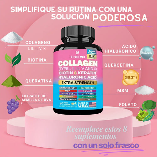Colágeno Longevix-Colágeno 14 en 1- Cabello Fuerte y Uñas Perfectas en 1 Semana