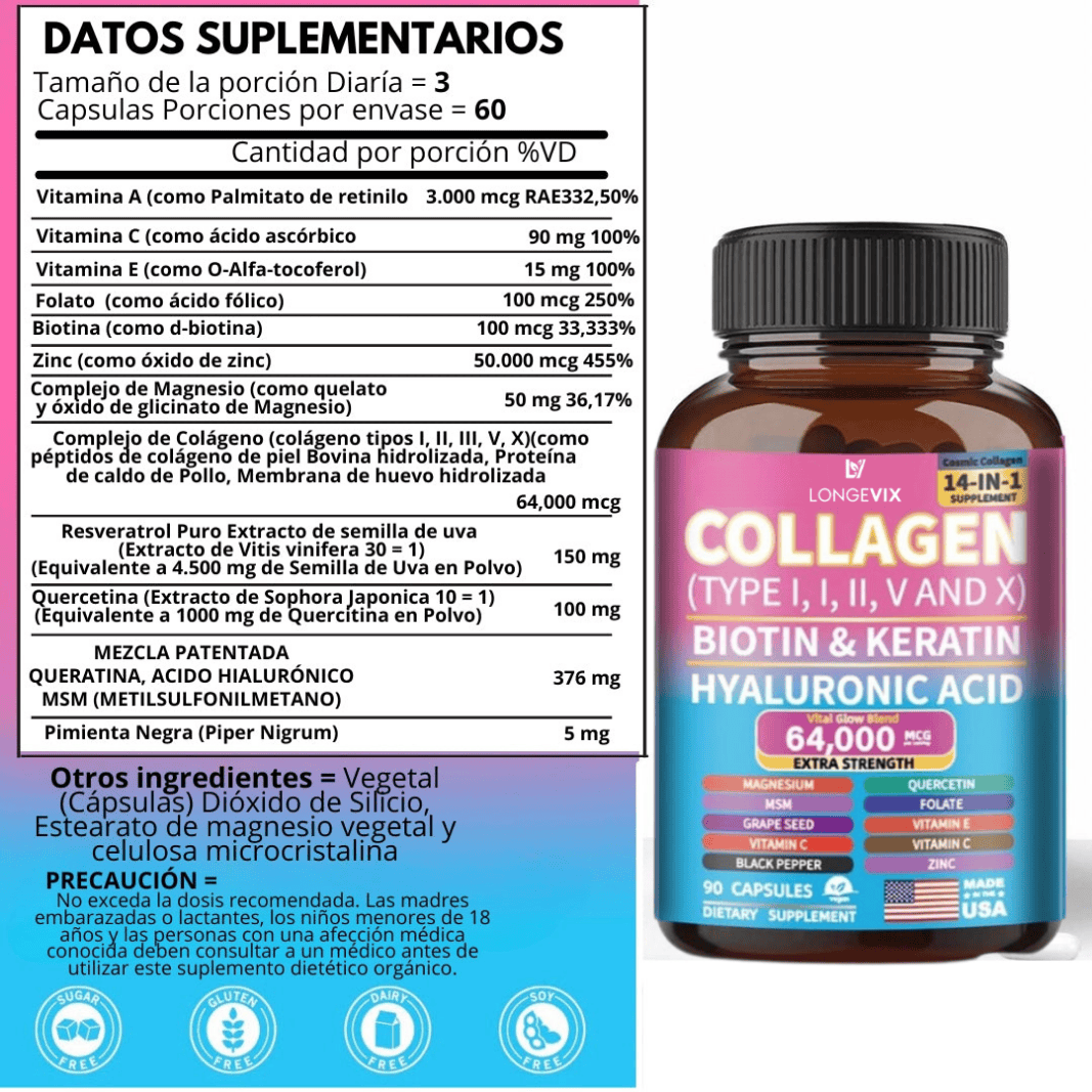 Colágeno Longevix-Colágeno 14 en 1- Cabello Fuerte y Uñas Perfectas en 1 Semana