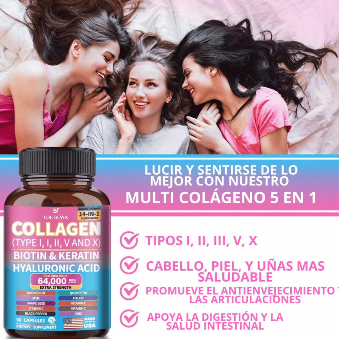 Colágeno Longevix-Colágeno 14 en 1- Cabello Fuerte y Uñas Perfectas en 1 Semana